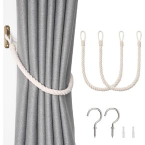 NICEEC 2 Pack Natural Cotton Rope Curtain Tiebacks Boho Rustic Style Decorative Drape Tie Backs Elegant Hand-Woven Rope Curtain Holdbacks with Metal Hook for Home & Office Drapery (Cotton-Beige)