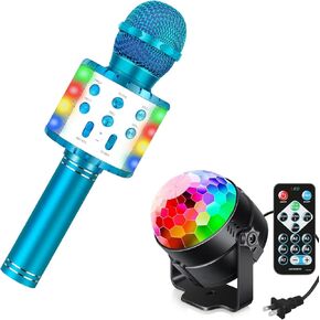 Karaoke Microphone and Sound-Activated Party Disco Light - Kids Bluetooth Wireless Microphone and Light That Moves with Sound - for Boys and Girls (Blue Mic and Light)