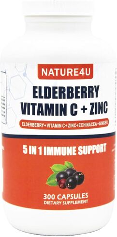 5 in 1 Elderberry Immune Support Supplement, Daily Immune Boosters for Adults Antioxidants Supplement, Elderberry 1000 mg, Vitamin C, Zinc, Echinacea, Ginger, 300 Vegan Capsules - 5 Month in Saudi Arabia