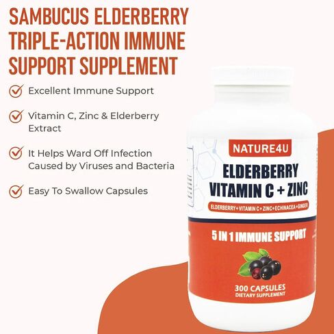 5 in 1 Elderberry Immune Support Supplement, Daily Immune Boosters for Adults Antioxidants Supplement, Elderberry 1000 mg, Vitamin C, Zinc, Echinacea, Ginger, 300 Vegan Capsules - 5 Month in Saudi Arabia