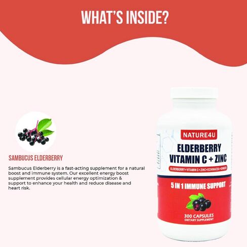 5 in 1 Elderberry Immune Support Supplement, Daily Immune Boosters for Adults Antioxidants Supplement, Elderberry 1000 mg, Vitamin C, Zinc, Echinacea, Ginger, 300 Vegan Capsules - 5 Month in Saudi Arabia