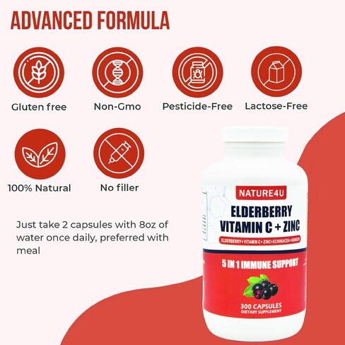 5 in 1 Elderberry Immune Support Supplement, Daily Immune Boosters for Adults Antioxidants Supplement, Elderberry 1000 mg, Vitamin C, Zinc, Echinacea, Ginger, 300 Vegan Capsules - 5 Month in Saudi Arabia