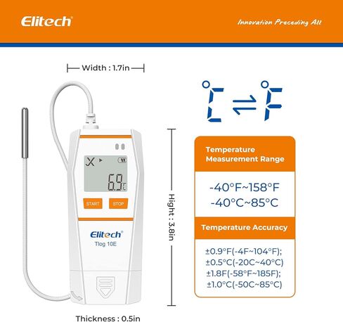 Elitech Tlog 10E مسجل بيانات درجة الحرارة الرقمي مسجل درجة الحرارة القابل لإعادة الاستخدام PDF تقرير منفذ USB 32000 نقطة in Kuwait