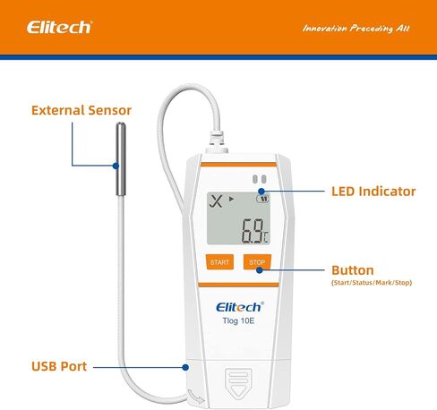 Elitech Tlog 10E مسجل بيانات درجة الحرارة الرقمي مسجل درجة الحرارة القابل لإعادة الاستخدام PDF تقرير منفذ USB 32000 نقطة in Kuwait