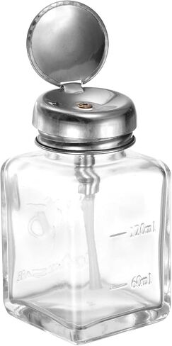 HARFINGTON 6Oz / 180ML Glass Pump Dispenser Bottle Square Clear Liquid Pumping Press Push Down Alcohol Container with Metal Flip Cover for Makeup Remover in Saudi Arabia