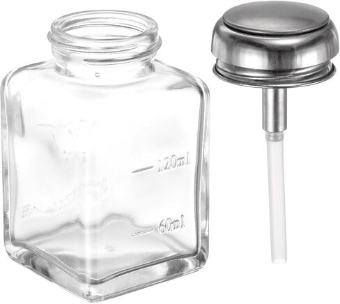 HARFINGTON 6Oz / 180ML Glass Pump Dispenser Bottle Square Clear Liquid Pumping Press Push Down Alcohol Container with Metal Flip Cover for Makeup Remover in Saudi Arabia