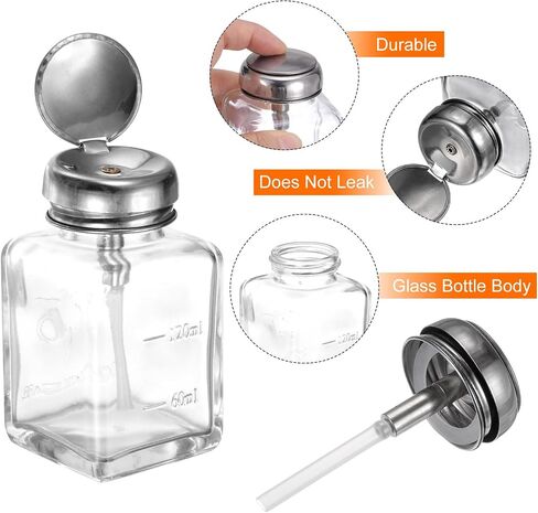 HARFINGTON 6Oz / 180ML Glass Pump Dispenser Bottle Square Clear Liquid Pumping Press Push Down Alcohol Container with Metal Flip Cover for Makeup Remover in Saudi Arabia