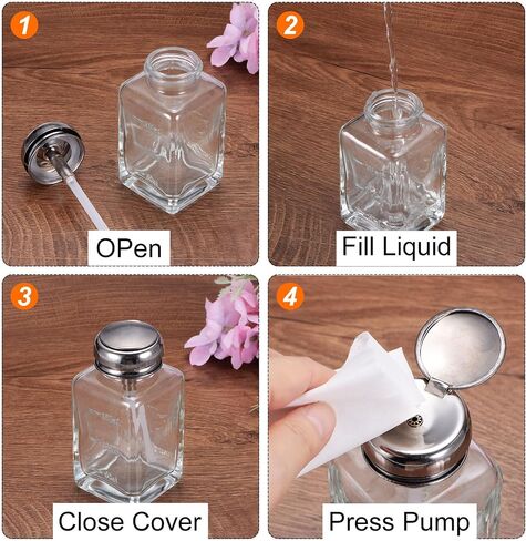 HARFINGTON 6Oz / 180ML Glass Pump Dispenser Bottle Square Clear Liquid Pumping Press Push Down Alcohol Container with Metal Flip Cover for Makeup Remover in Saudi Arabia