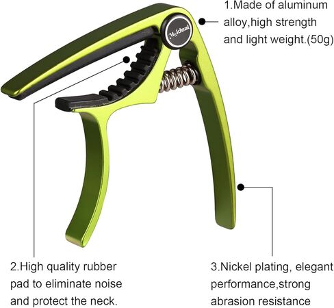 كابو الجيتار، مشبك مفاتيح كابو من الألومنيوم باللون الأخضر من ميلاند للجيتار الصوتي/الجيتار الكهربائي/القيثارة/الباس مع أعواد الجيتار وحامل أعواد جلدية ومسمار دبابيس الجسر متضمن (أخضر) in Kuwait