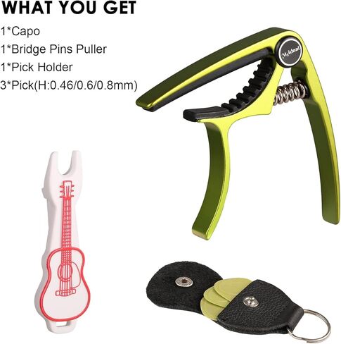 كابو الجيتار، مشبك مفاتيح كابو من الألومنيوم باللون الأخضر من ميلاند للجيتار الصوتي/الجيتار الكهربائي/القيثارة/الباس مع أعواد الجيتار وحامل أعواد جلدية ومسمار دبابيس الجسر متضمن (أخضر) in Kuwait