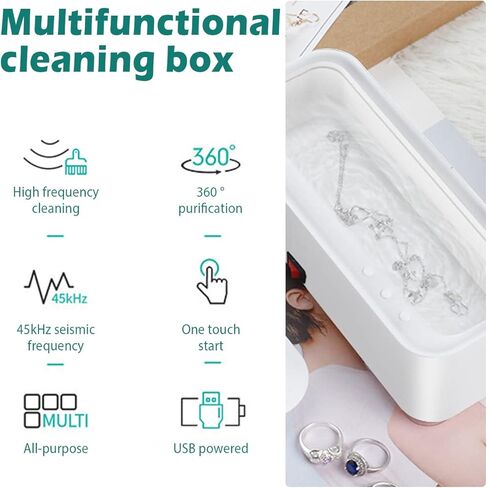 منظف ​​المجوهرات بالموجات فوق الصوتية، آلة تنظيف بالموجات فوق الصوتية 45000 هرتز مع 4 أكواب شفط، آلة تنظيف النظارات المحمولة شحن USB لنظارات العين والأقراط والخاتم وحزام الساعة والقلائد in Kuwait