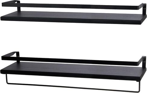 Peter's Goods Rustic Floating Wall Shelves with Rails - Decorative Storage for Kitchen, Bathroom, and Bedroom - Elegant, Modern Shelving - Torched Paulownia Wood, Matte Black Metal Frame - Set of 2 in Saudi Arabia