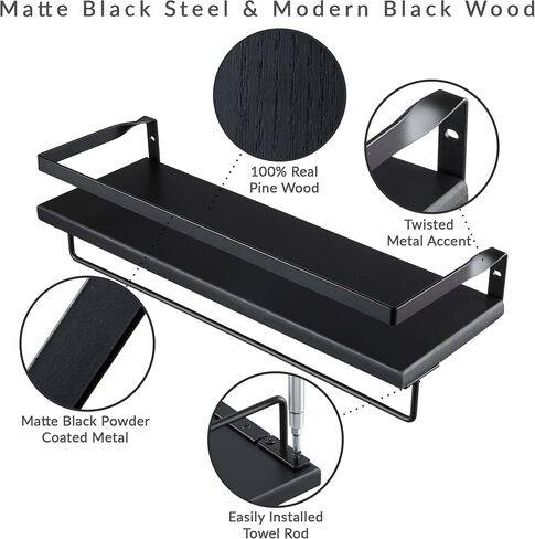 Peter's Goods Rustic Floating Wall Shelves with Rails - Decorative Storage for Kitchen, Bathroom, and Bedroom - Elegant, Modern Shelving - Torched Paulownia Wood, Matte Black Metal Frame - Set of 2 in Saudi Arabia