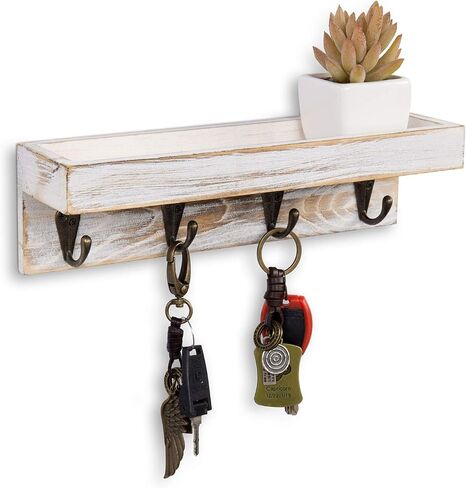 MyGift 10 Inch Floating Wall Shelf with Hooks, Dark Brown Wood Entryway Storage Shelf with 4 Metal Key Hooks in Saudi Arabia