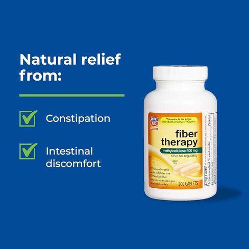 Rite Aid Fiber Therapy Soluble Fiber Supplement 200 Caplets, 500mg Methylcellulose, Laxatives for Constipation, Fiber Pills for Adults in Kuwait