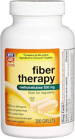 Rite Aid Fiber Therapy Soluble Fiber Supplement 200 Caplets, 500mg Methylcellulose, Laxatives for Constipation, Fiber Pills for Adults in Kuwait