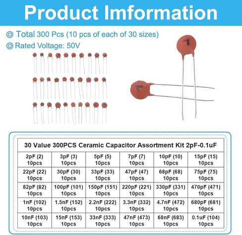 PATIKIL 50V/2pf-0.1uf مكثف قرص سيراميك، 30 قيمة 300 قطعة متنوعة من مكثفات الرقائق الكهربائية الصناعية لدوائر الطاقة، بني أحمر in Kuwait