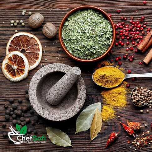 ChefSofi Mortar and Pestle Set - 6 Inch - 2 Cup Capacity - Unpolished Heavy Granite for Enhanced Performance and Organic Appearance - INCLUDED: Anti-Scratch Protector in Saudi Arabia