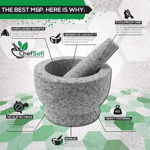 ChefSofi Mortar and Pestle Set - 6 Inch - 2 Cup Capacity - Unpolished Heavy Granite for Enhanced Performance and Organic Appearance - INCLUDED: Anti-Scratch Protector in Saudi Arabia