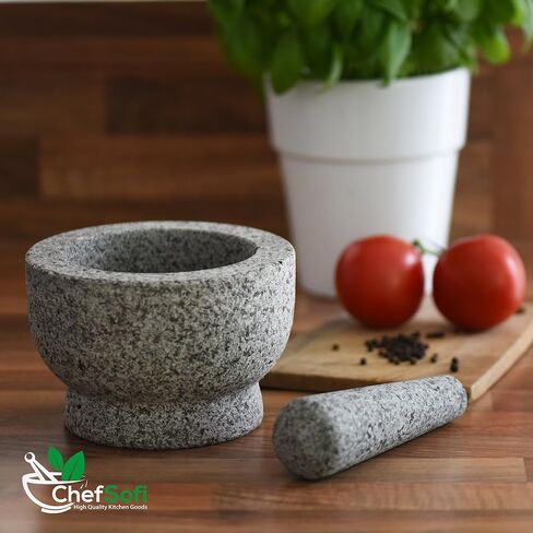 ChefSofi Mortar and Pestle Set - 6 Inch - 2 Cup Capacity - Unpolished Heavy Granite for Enhanced Performance and Organic Appearance - INCLUDED: Anti-Scratch Protector in Saudi Arabia