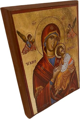 أيقونة خشبية مسيحية أرثوذكسية يونانية مصنوعة يدويًا لمريم العذراء للعاطفة (14 سم × 10 سم أو 5.5 بوصة × 3.5 بوصة) in Kuwait