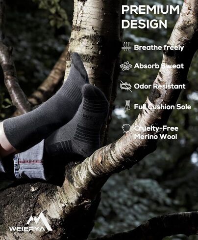 Mens Hiking Socks 3 Pairs Merino Wool, Cushion Hike Trek Micro Crew Socks With Moisture Wicking for Outdoor Sports in Saudi Arabia