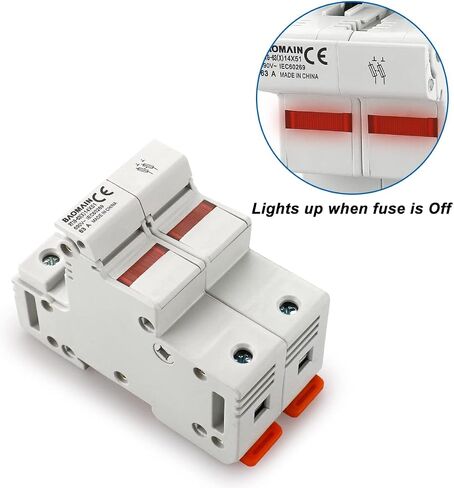 Baomain Cylindrical Fuse Holder RT18-63(X) 14mm X 51mm Fuse Base 2 Poles DIN Distribution Electrical Rail Mount With 10 PCS of RO16 Fuse CE Listed (40 Amp) in Saudi Arabia