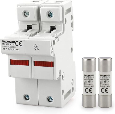 Baomain Cylindrical Fuse Holder RT18-63(X) 14mm X 51mm Fuse Base 2 Poles DIN Distribution Electrical Rail Mount With 10 PCS of RO16 Fuse CE Listed (40 Amp) in Saudi Arabia