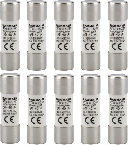 Baomain Cylindrical Fuse Holder RT18-63(X) 14mm X 51mm Fuse Base 2 Poles DIN Distribution Electrical Rail Mount With 10 PCS of RO16 Fuse CE Listed (40 Amp) in Saudi Arabia
