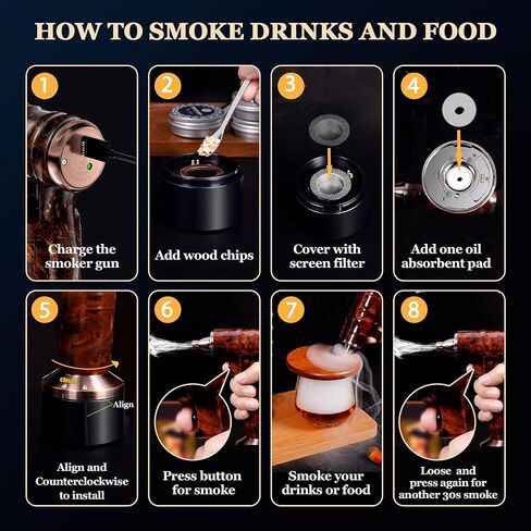 Electric Whiskey Smoker Kit - Rechargeable Smoker Gun for Drinks Food, Smoked Old Fashion Cocktail Bourbon Infusing Kit, 8 Wood Chips, Birthday Unique Gifts for Men Husband, Bar Tool Set, Brown in Saudi Arabia