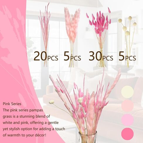 DALLING 60PCS Dried Pampas Grass Decro Dried Flowers Pink Pampas Grass 60CM Bunny Tails White Billy Balls Reed Grass for Boho Wedding Home Farmhouse Rustic Party Office Centerpiece in Saudi Arabia