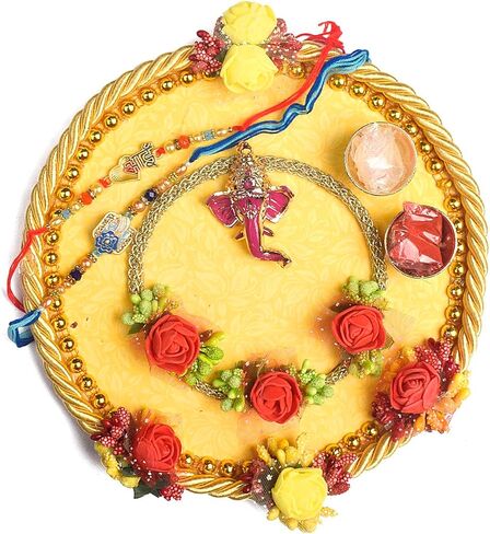 SATVIK Rakhi Puja Thali Set Platter For Brother Bhaiya Bhabhi with 2 Designer Rakhi Thread, Roli Chawal & Ram Sita Sticker Indian Festive Decorative Raksha Bhandhan Pujan Plate Set in Saudi Arabia