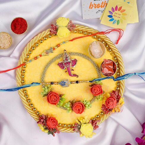 SATVIK Rakhi Puja Thali Set Platter For Brother Bhaiya Bhabhi with 2 Designer Rakhi Thread, Roli Chawal & Ram Sita Sticker Indian Festive Decorative Raksha Bhandhan Pujan Plate Set in Saudi Arabia