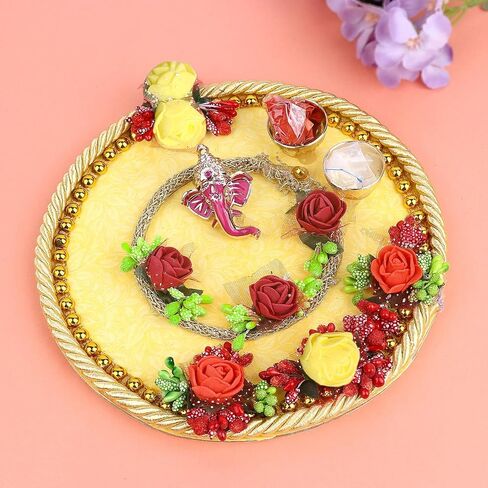 SATVIK Rakhi Puja Thali Set Platter For Brother Bhaiya Bhabhi with 2 Designer Rakhi Thread, Roli Chawal & Ram Sita Sticker Indian Festive Decorative Raksha Bhandhan Pujan Plate Set in Saudi Arabia