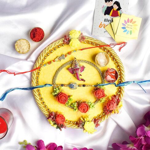 SATVIK Rakhi Puja Thali Set Platter For Brother Bhaiya Bhabhi with 2 Designer Rakhi Thread, Roli Chawal & Ram Sita Sticker Indian Festive Decorative Raksha Bhandhan Pujan Plate Set in Saudi Arabia
