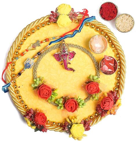 SATVIK Rakhi Puja Thali Set Platter For Brother Bhaiya Bhabhi with 2 Designer Rakhi Thread, Roli Chawal & Ram Sita Sticker Indian Festive Decorative Raksha Bhandhan Pujan Plate Set in Saudi Arabia