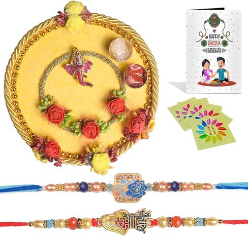 SATVIK Rakhi Puja Thali Set Platter For Brother Bhaiya Bhabhi with 2 Designer Rakhi Thread, Roli Chawal & Ram Sita Sticker Indian Festive Decorative Raksha Bhandhan Pujan Plate Set in Saudi Arabia