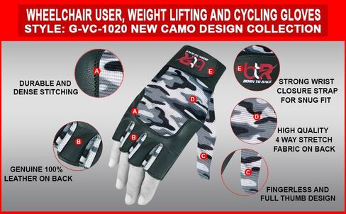 قفازات مستخدم الكرسي المتحرك لذوي الاحتياجات الخاصة، بدون أصابع، إبهام طويل من الجلد للرجال والنساء، للتمرين، رفع الأثقال، ركوب الدراجات، قفازات القيادة، تصميم مموه جديد للجنسين in Kuwait