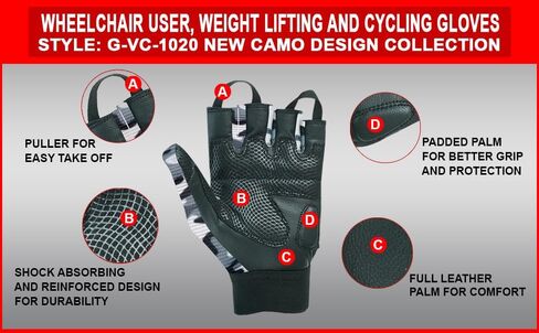 قفازات مستخدم الكرسي المتحرك لذوي الاحتياجات الخاصة، بدون أصابع، إبهام طويل من الجلد للرجال والنساء، للتمرين، رفع الأثقال، ركوب الدراجات، قفازات القيادة، تصميم مموه جديد للجنسين in Kuwait
