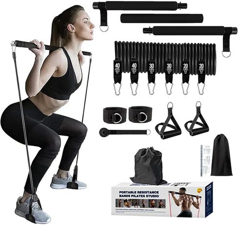 طقم شريط بيلاتيس 15 قطعة مع شريط مقاومة 180 رطل، شريط تنغيم محمول لمعدات اليوغا بيلاتيس عصا تمرين، عصا تدريبات من الفولاذ المقاوم للصدأ، مجموعة أشرطة مرنة لليوجا والبيلاتيس لتشكيل الجسم بالكامل in Kuwait