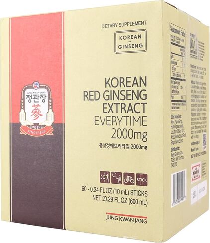 JungKwanJang Ginseng Everytime Extract Stick - Caffeine-Free Energy Supplements, Korean Red Ginseng 2000mg, Brain Support and Natural Energy Booster for Men & Women, 60 Count in Saudi Arabia