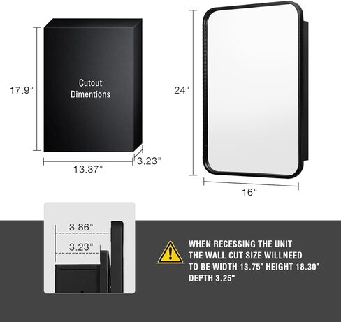 خزانة أدوية سوداء مع مرآة، منظم خزانة للطب، خزانة أدوية فوق المرحاض، خزانة أدوية مجوفة، خزانة حائط للحمام بإطار معدني أسود، مقاس 16 × 24 بوصة in Kuwait