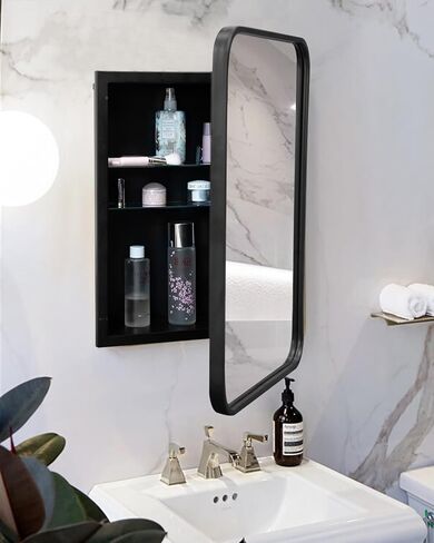 خزانة أدوية سوداء مع مرآة، منظم خزانة للطب، خزانة أدوية فوق المرحاض، خزانة أدوية مجوفة، خزانة حائط للحمام بإطار معدني أسود، مقاس 16 × 24 بوصة in Kuwait