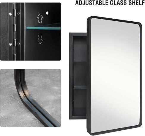 خزانة أدوية سوداء مع مرآة، منظم خزانة للطب، خزانة أدوية فوق المرحاض، خزانة أدوية مجوفة، خزانة حائط للحمام بإطار معدني أسود، مقاس 16 × 24 بوصة in Kuwait