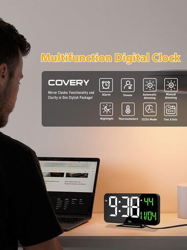 COVERY LED Digital Desk Clock, Mirror Desktop Alarm Clock Digital Display, Lightweight LED Clocks for Home, Office, Brightness Dimmer, USB Powered, 6.7 inches and Pink in Saudi Arabia