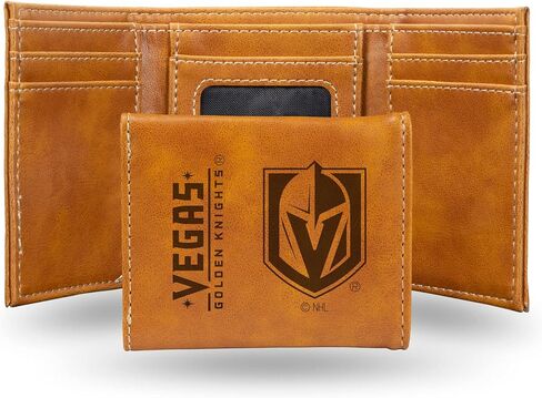 محفظة Rico Industries NHL Vegas Golden Knights Premium من الجلد الأسود النباتي المحفور بالليزر ثلاثية الطي - تصميم نحيف ولكنه متين - مثالية لإظهار فخر فريقك أو هديتك in Saudi Arabia