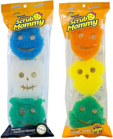 Scrub Daddy Scrub Mommy إصدار خاص للخريف + الهالوين - إسفنجة أطباق متعددة الأغراض خالية من الخدش - خالية من مادة BPA ومصنوعة من رغوة البوليمر - إسفنجة مطبخ مقاومة للبقع والرائحة (6 قطع) in Kuwait
