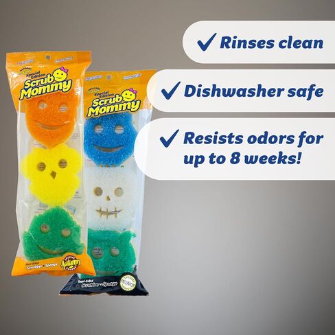 Scrub Daddy Scrub Mommy إصدار خاص للخريف + الهالوين - إسفنجة أطباق متعددة الأغراض خالية من الخدش - خالية من مادة BPA ومصنوعة من رغوة البوليمر - إسفنجة مطبخ مقاومة للبقع والرائحة (6 قطع) in Kuwait