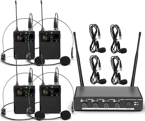 Depusheng R6 Professional Wireless Microphone UHF System 4 Channel with Wireless lavalier Headset Microphone, Metal Receiver, Perfect for Singing, Karaoke, Parties, Weddings in Saudi Arabia