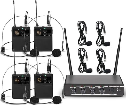 Depusheng R6 Professional Wireless Microphone UHF System 4 Channel with Wireless lavalier Headset Microphone, Metal Receiver, Perfect for Singing, Karaoke, Parties, Weddings in Saudi Arabia